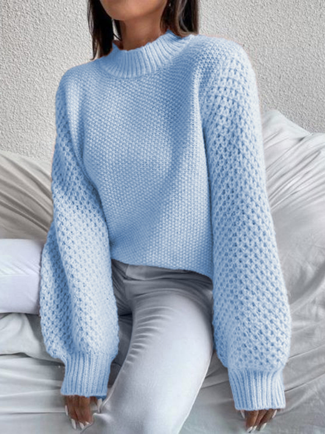 Open-Knit Mock Neck Long Sleeve Sweater - MARIGOLD