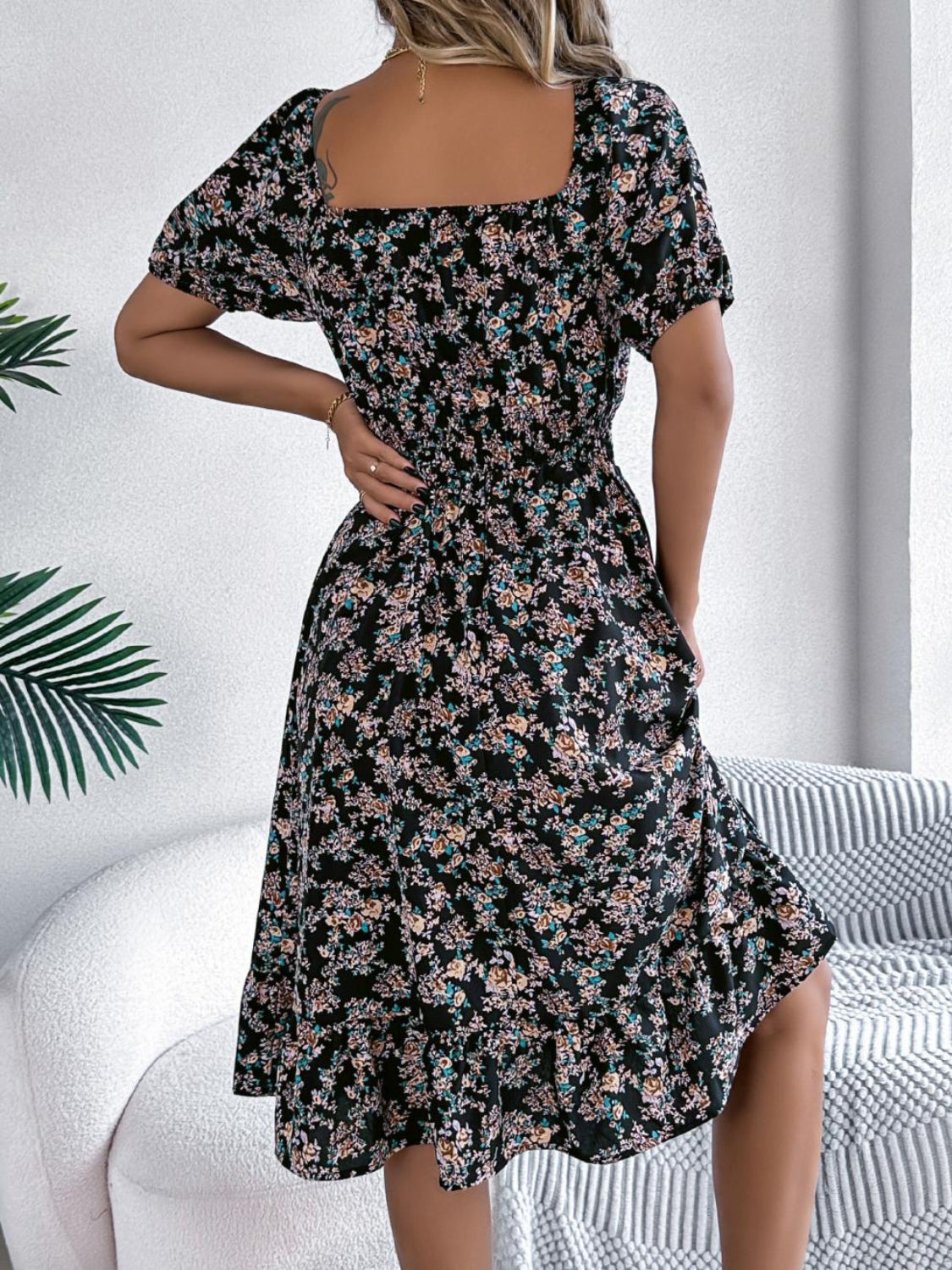 Ruffled Hem Floral Puff Sleeve Dress - MARIGOLD