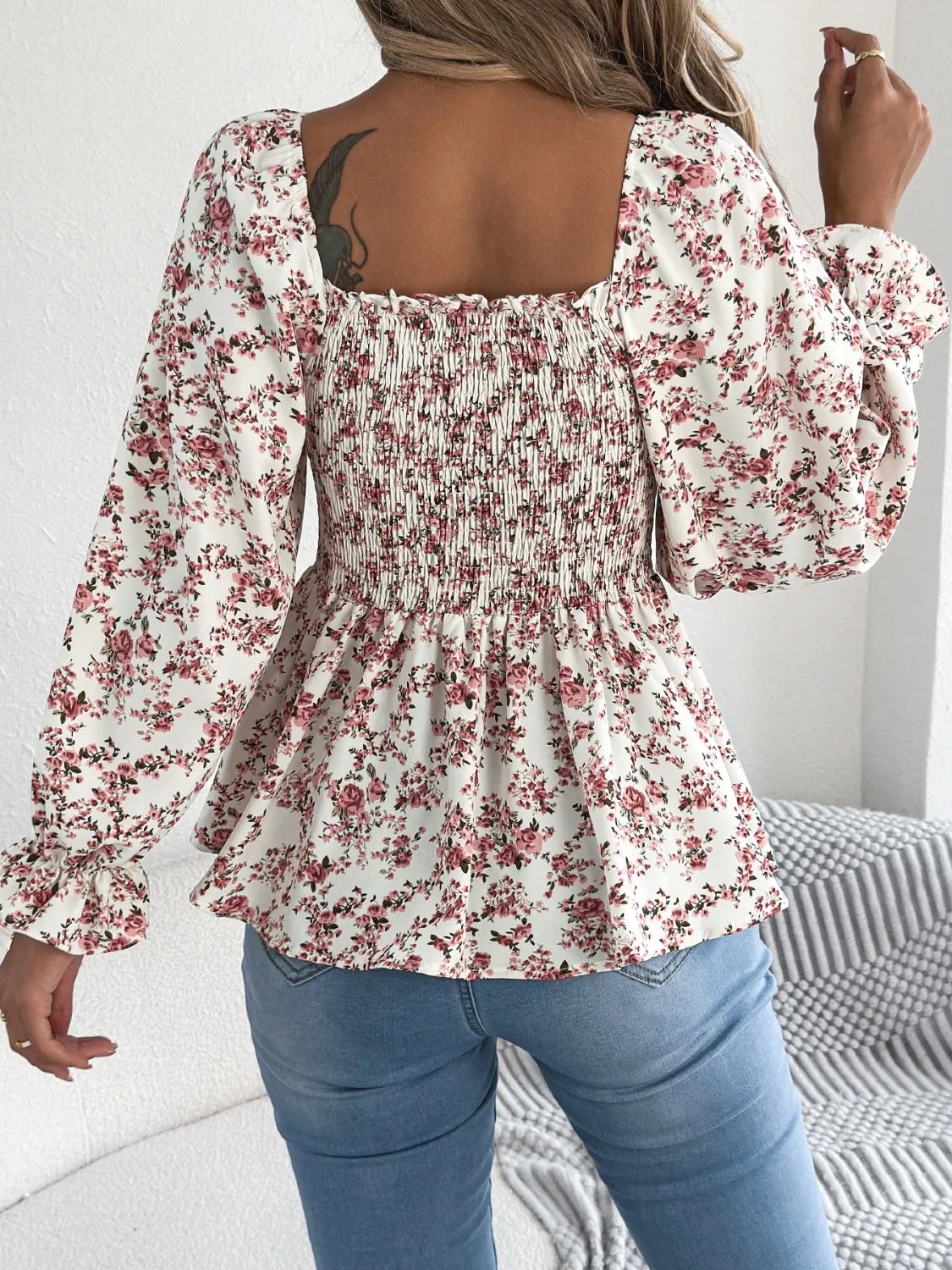 Floral Square Neck Flounce Sleeve Blouse - MARIGOLD