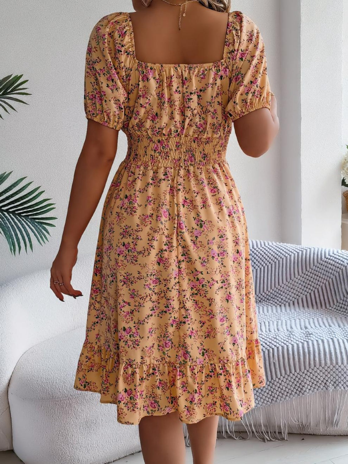Ruffled Hem Floral Puff Sleeve Dress - MARIGOLD