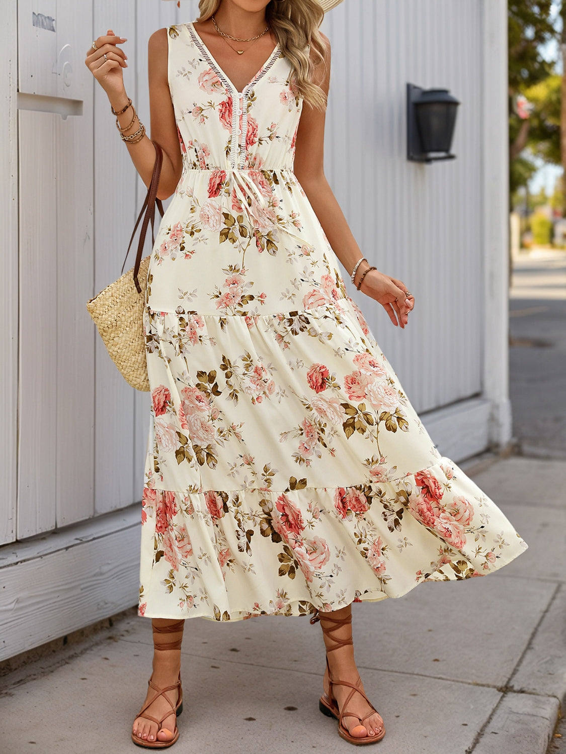 Floral V-Neck Ruffled Hem Midi Dress - MARIGOLD