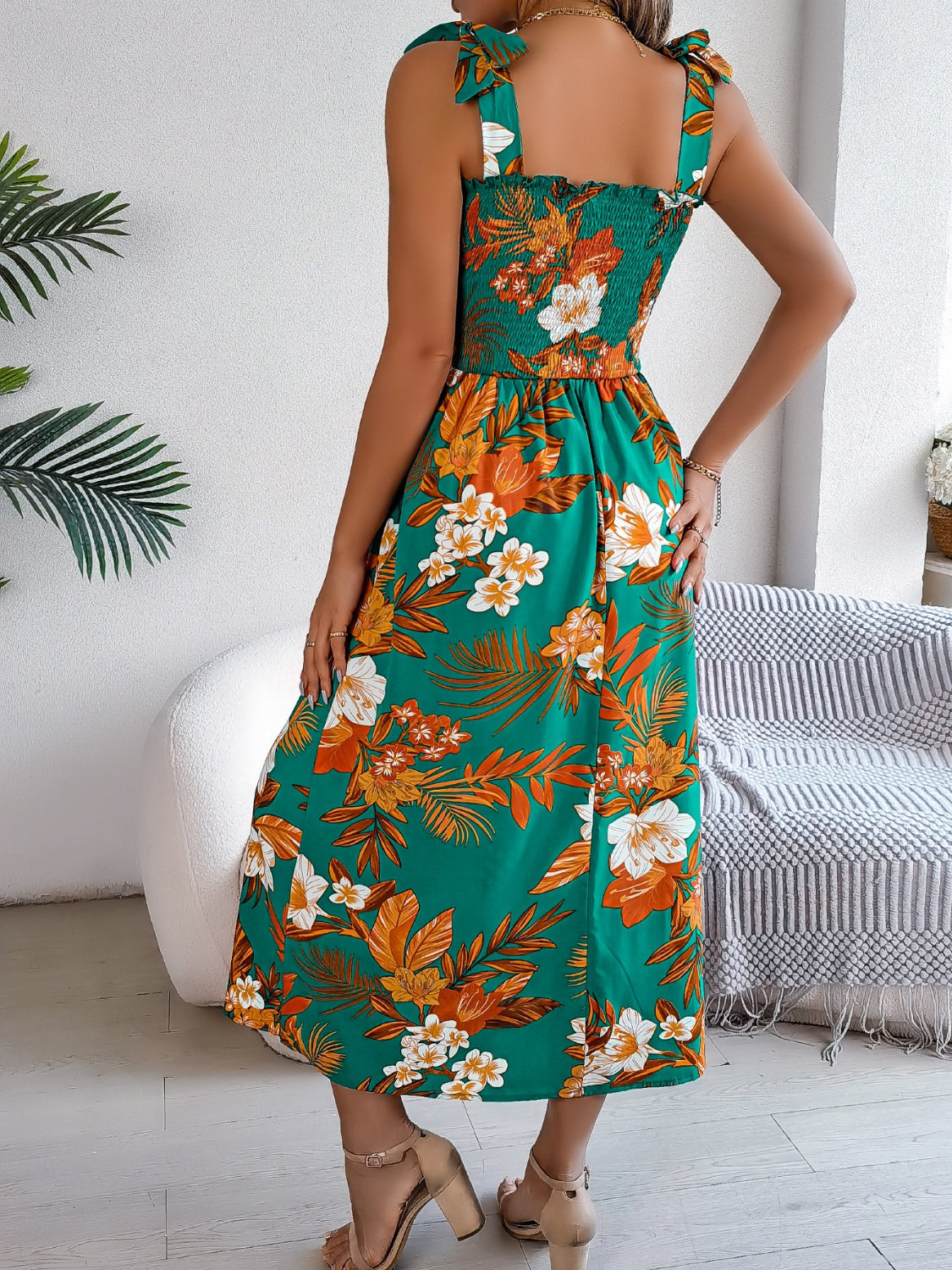 Floral Tie-Shoulder Midi Dress with Smocked Bodice - MARIGOLD