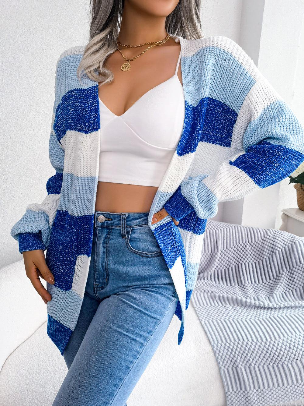 Striped Rib-Knit Open Front Longline Cardigan - MARIGOLD