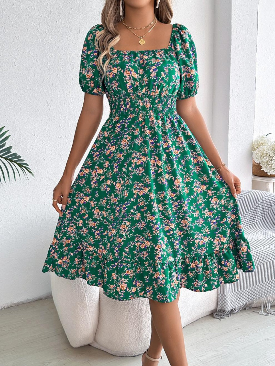Ruffled Hem Floral Puff Sleeve Dress - MARIGOLD