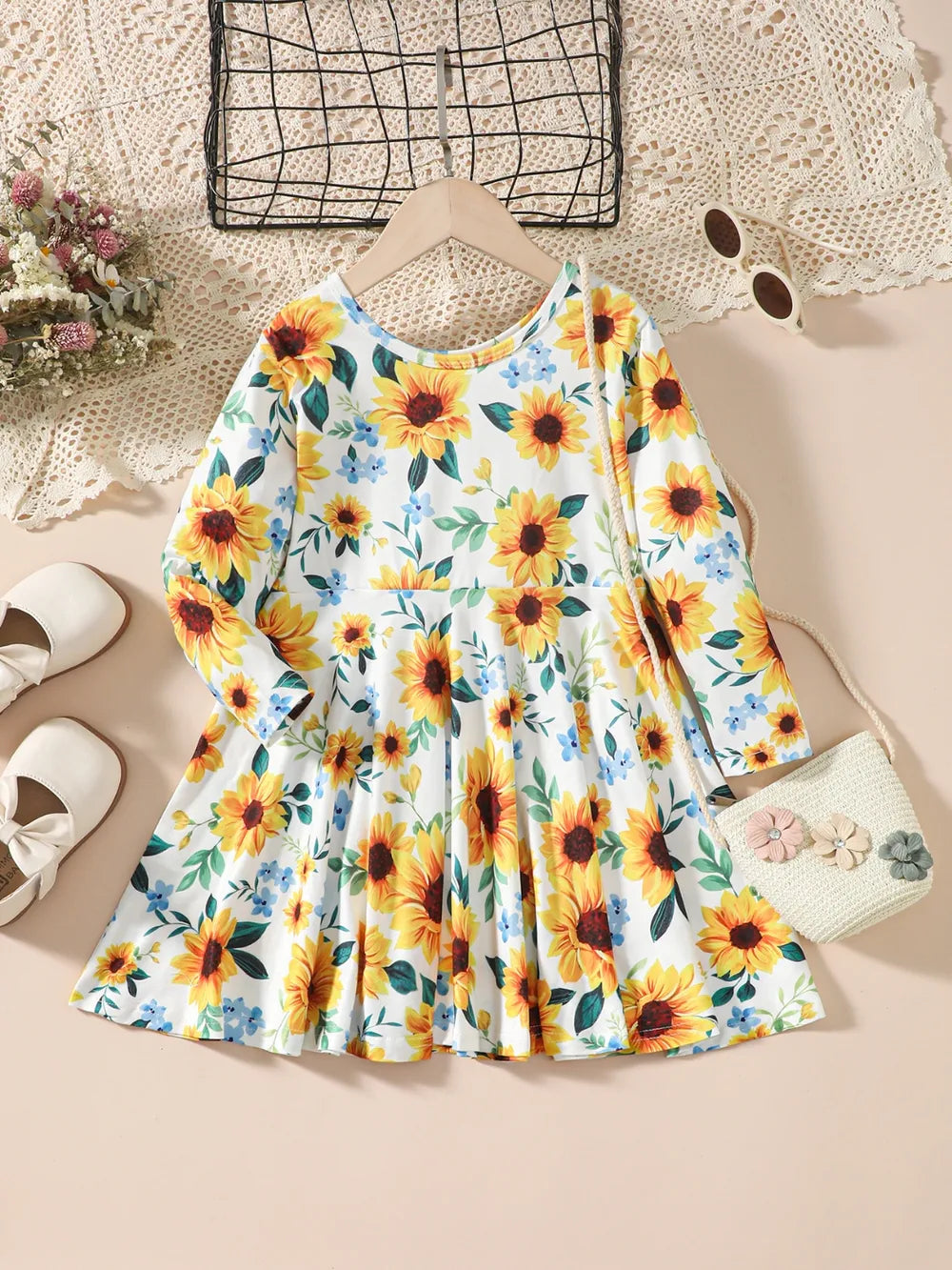 Sunflower Print Long Sleeve Dress - MARIGOLD