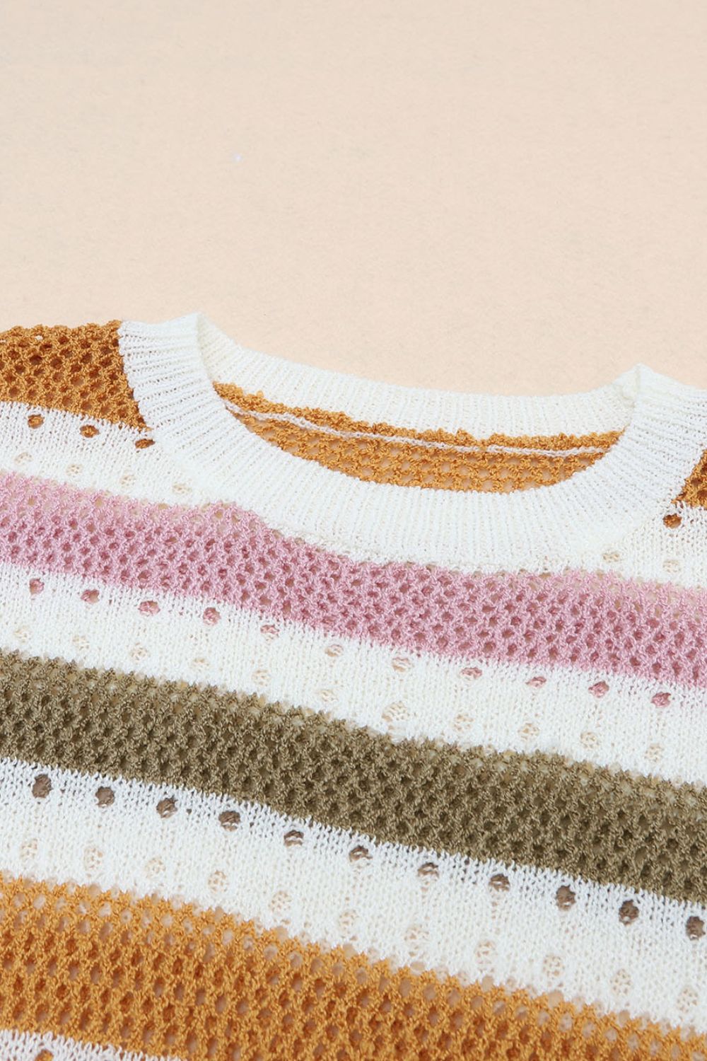 Open Knit Striped Round Neck Sweater - MARIGOLD