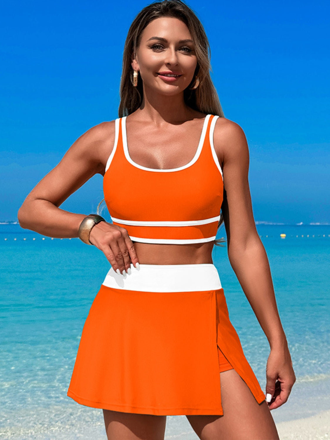 Scoop Neck Top and Skort Swim Set - MARIGOLD