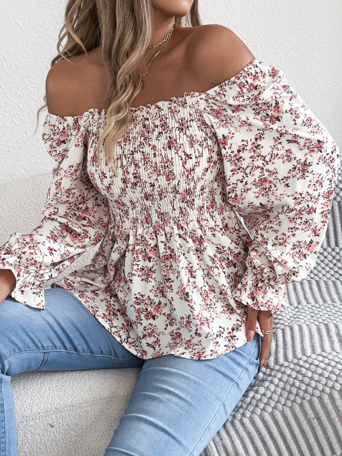 Floral Square Neck Flounce Sleeve Blouse - MARIGOLD
