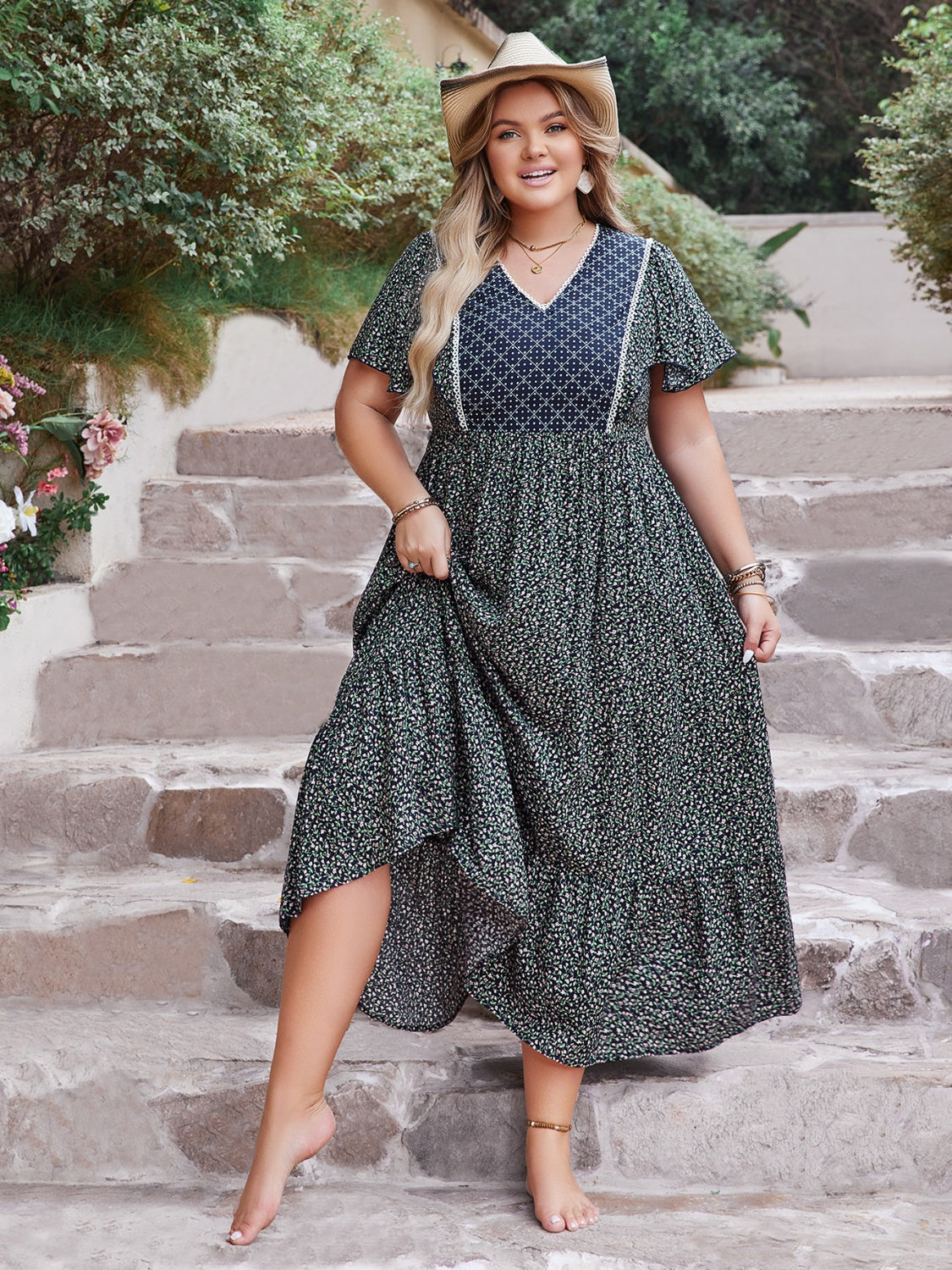 Plus Size Printed V-Neck Flutter Sleeve Midi Dress - MARIGOLD