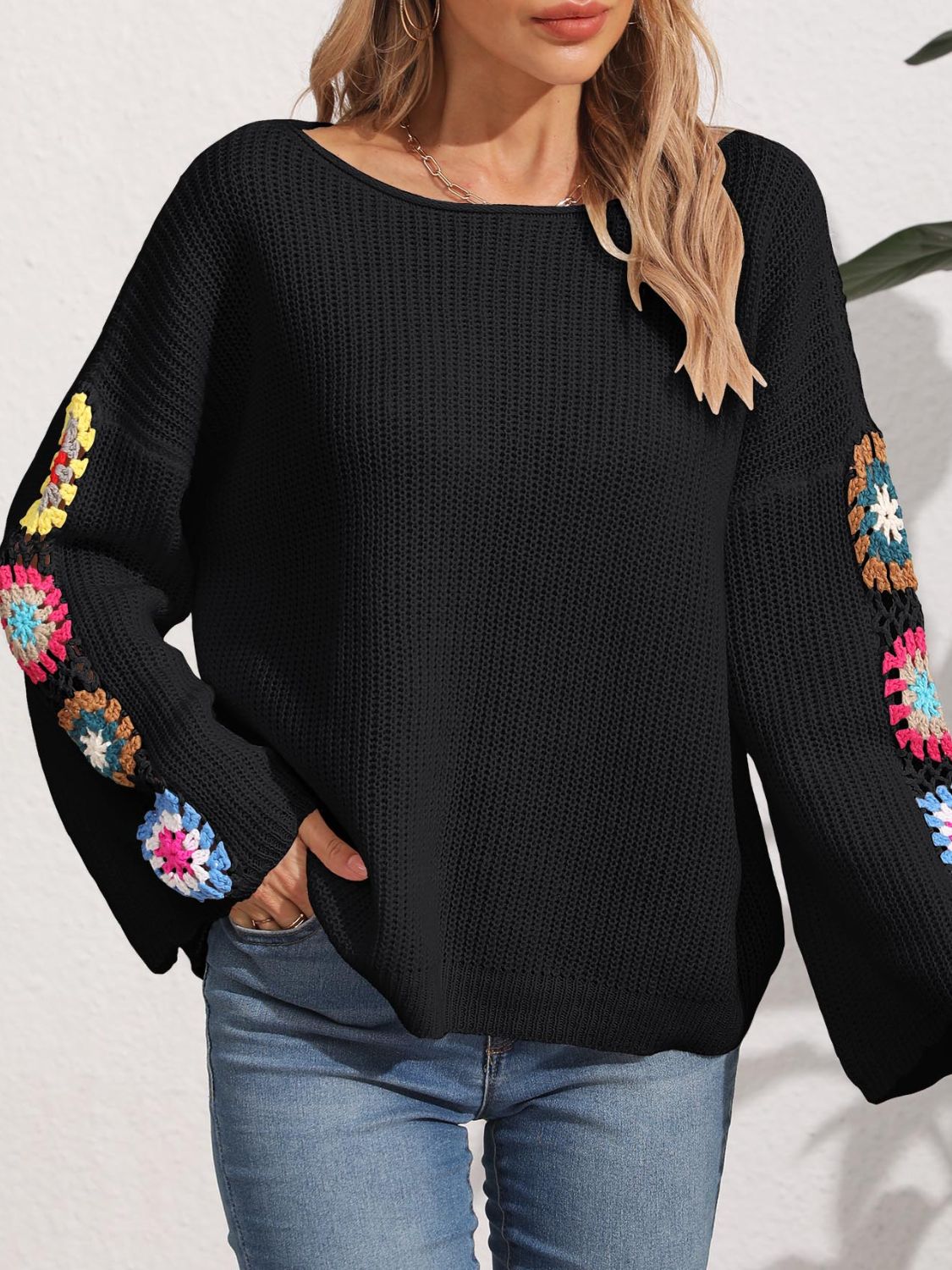 Flower Crochet Knit Long Sleeve Sweater - MARIGOLD