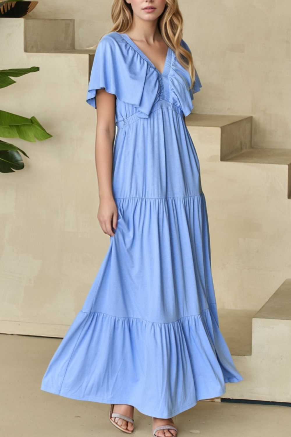 Ruffled V Neck Flutter Sleeve Maxi Dress - MARIGOLD