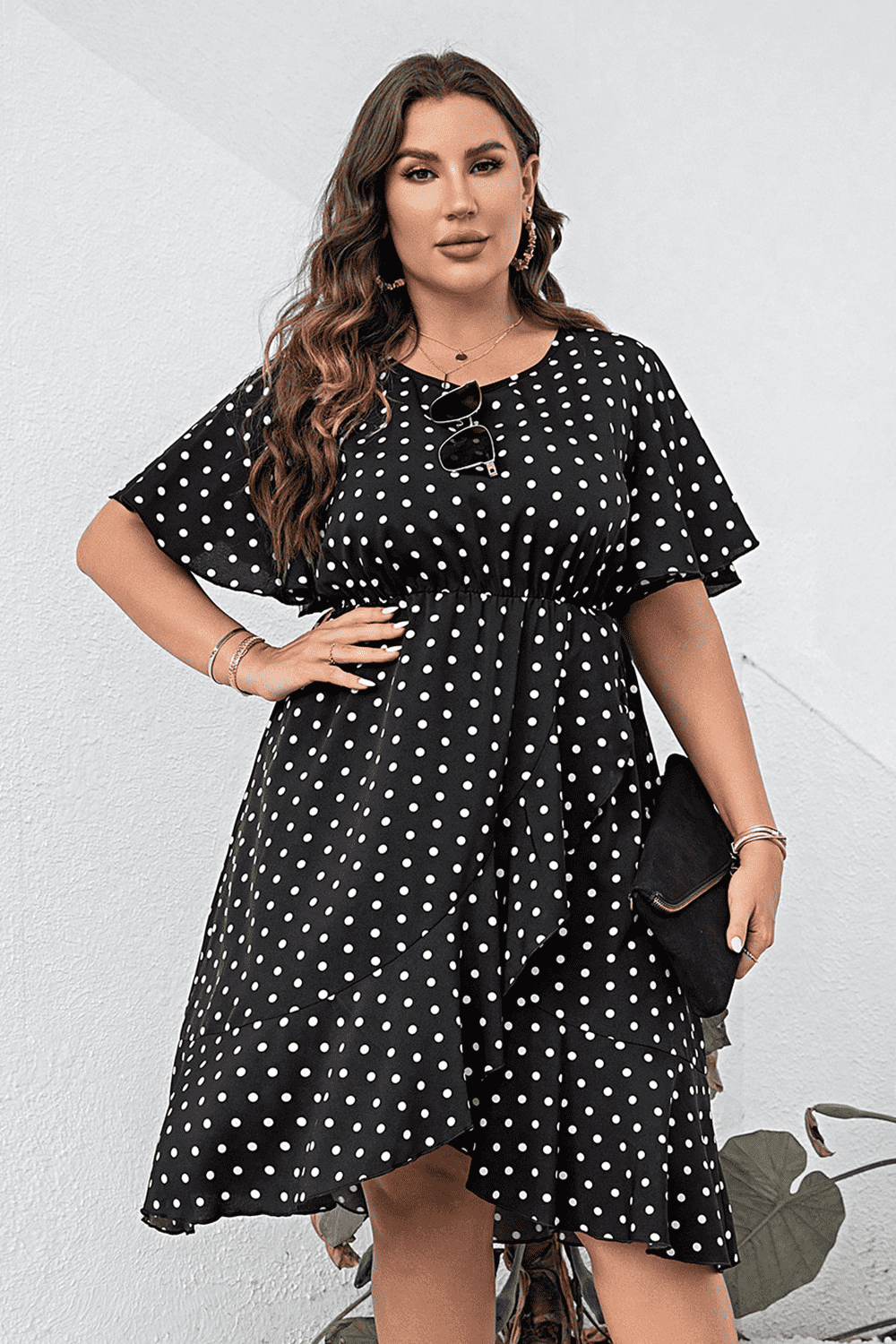 Polka Dot Flutter Sleeve Dress (Curve) - MARIGOLD