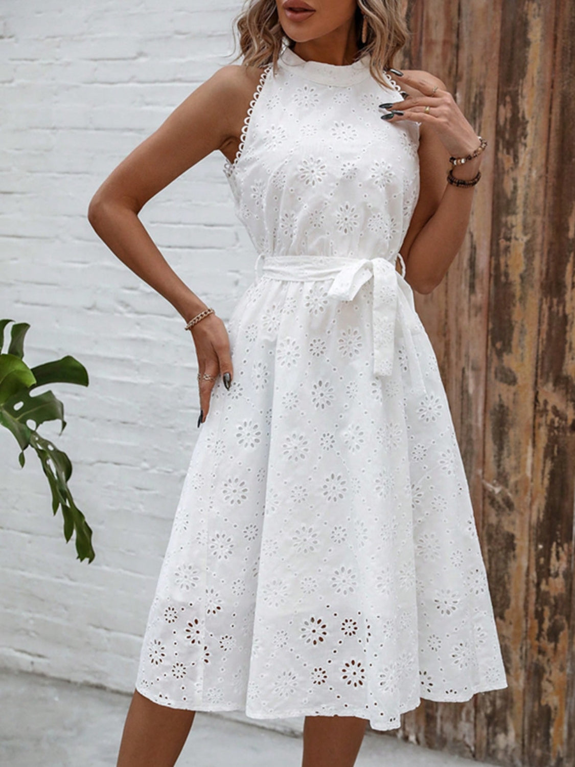 Grecian Style Eyelet Tie Waist Midi Dress - MARIGOLD
