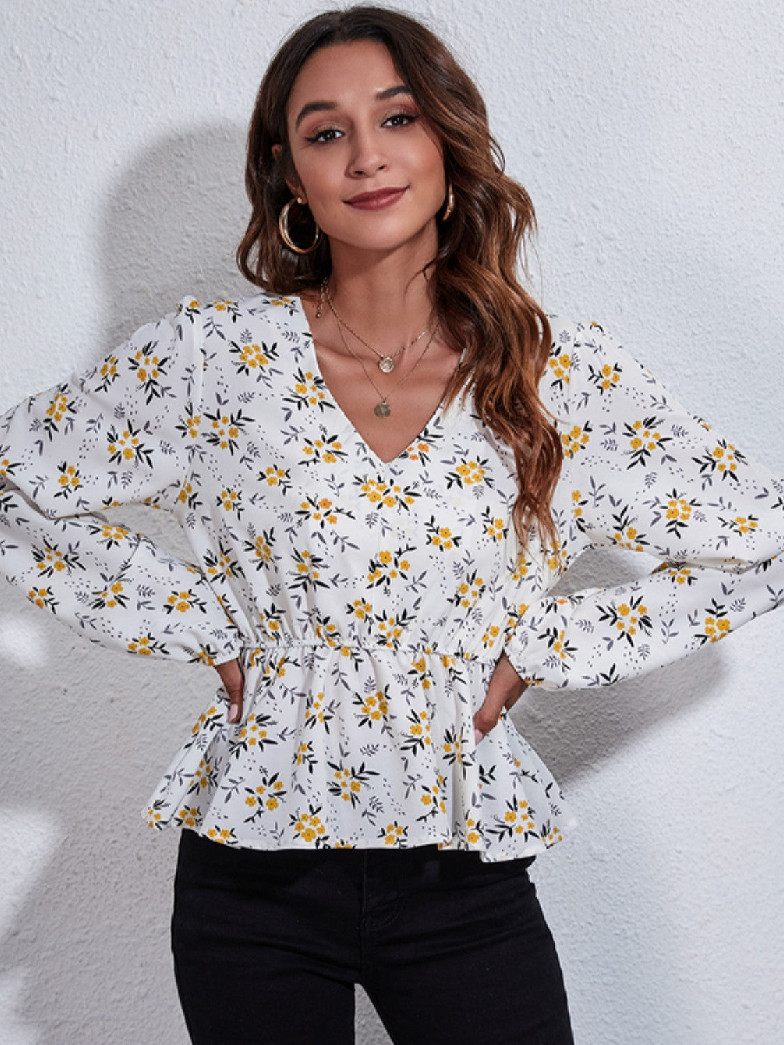 Floral V-Neck Balloon Sleeve Peplum Blouse - MARIGOLD
