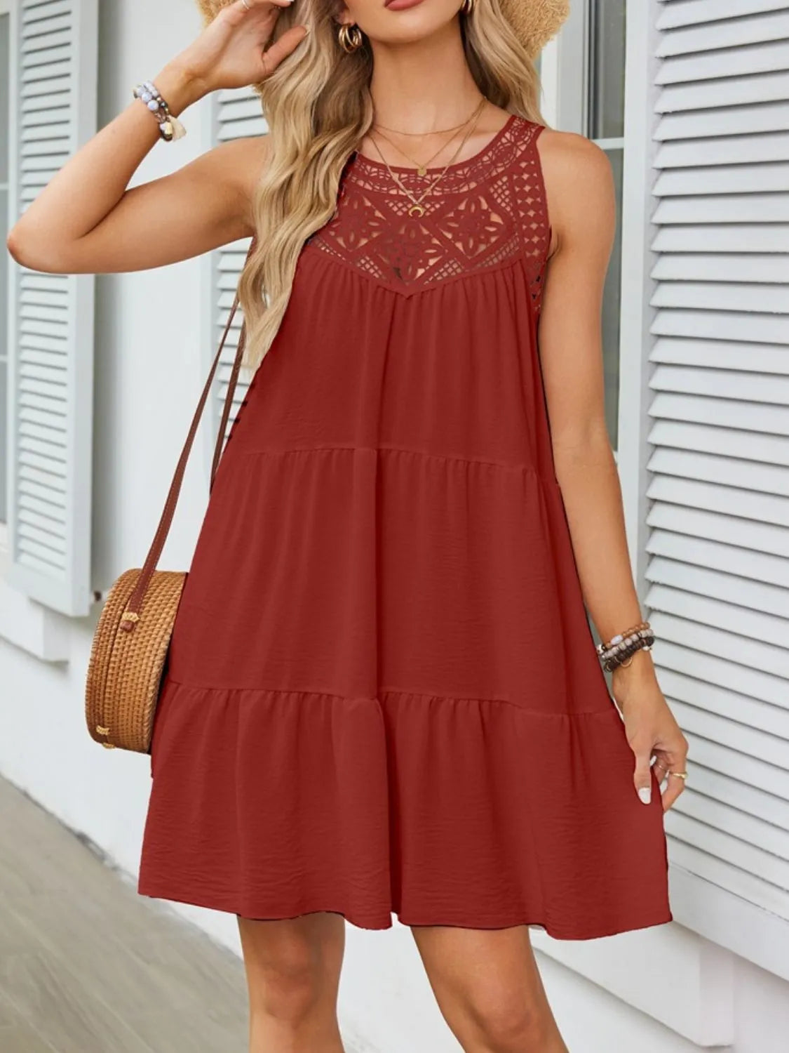 Lace Neckline Tiered Mini Dress - MARIGOLD