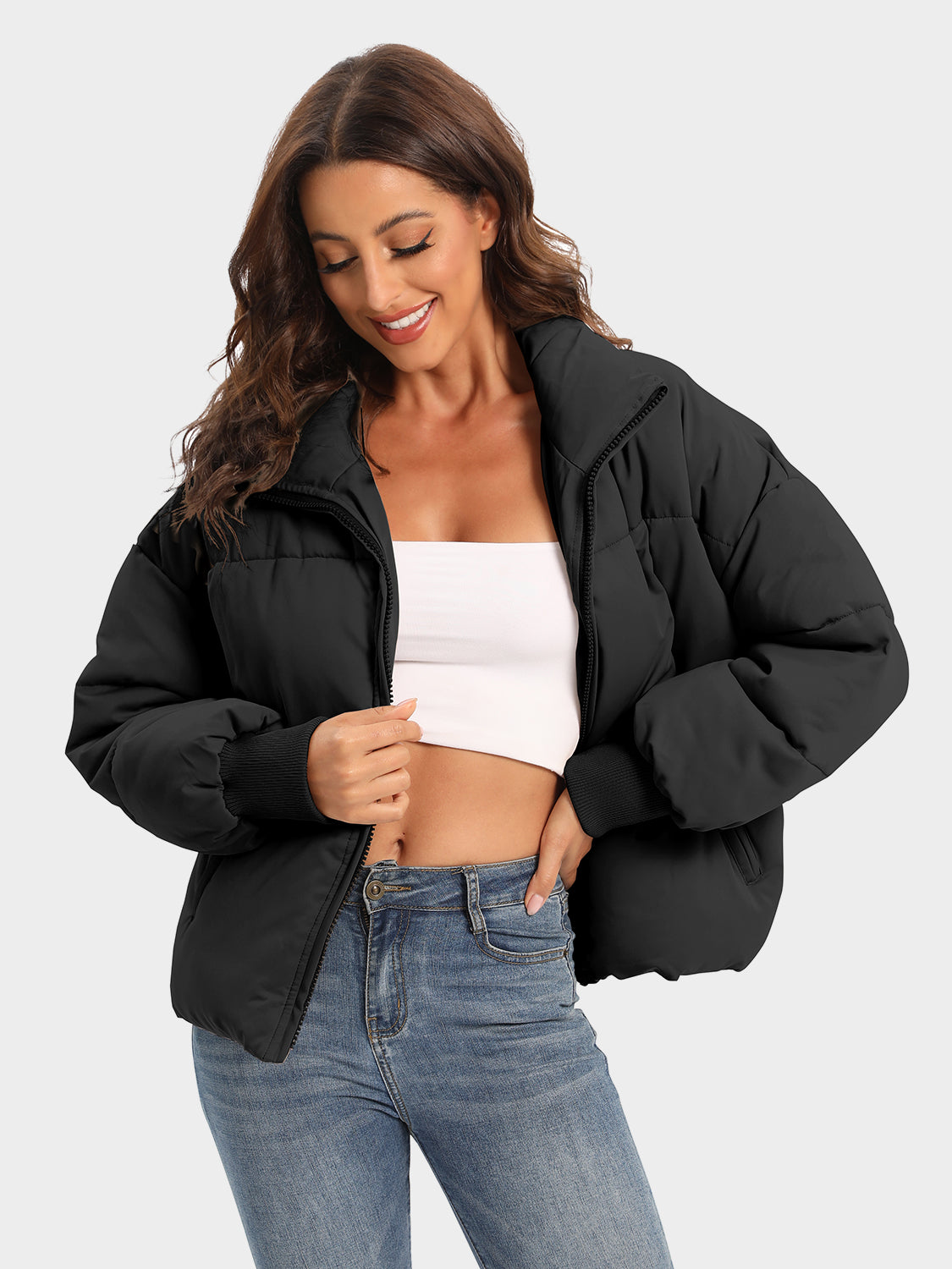 Zip Up Turtleneck Long Sleeve Puffer Jacket - MARIGOLD