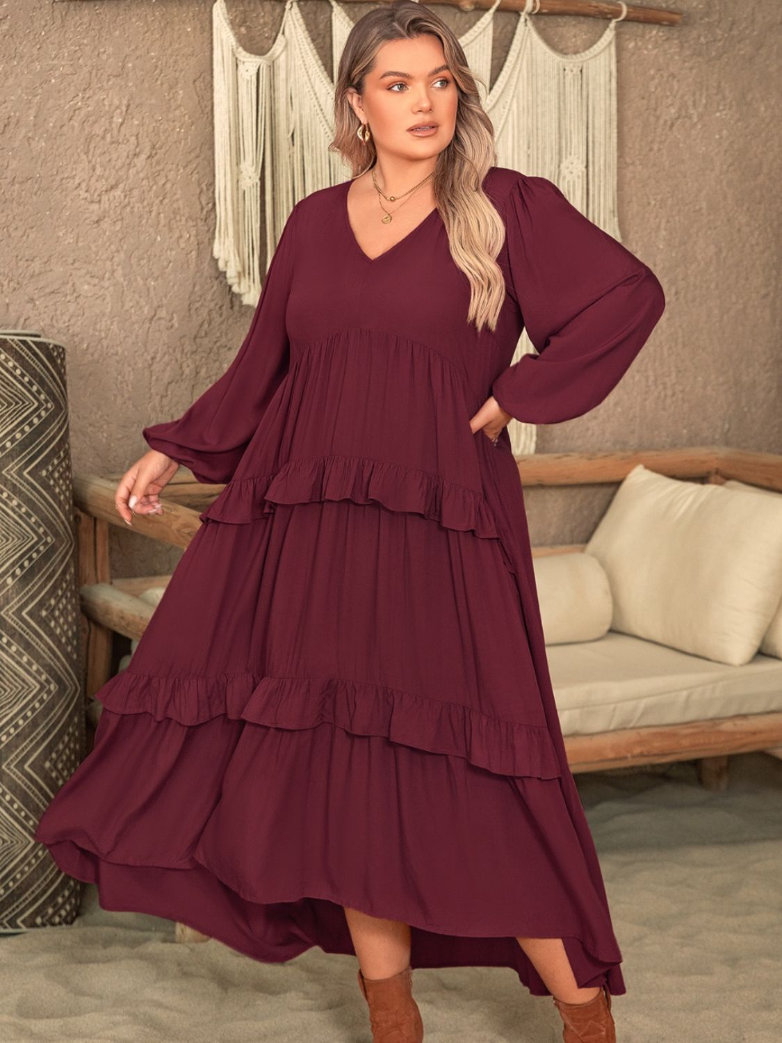 Plus Size Ruffled V-Neck Long Sleeve Dress - MARIGOLD