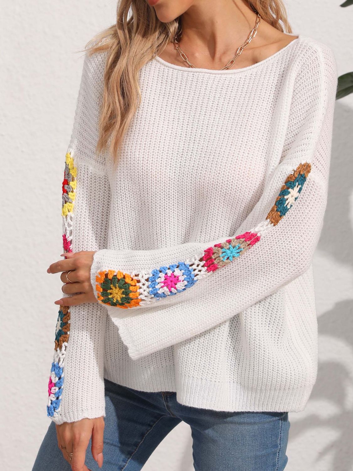 Flower Crochet Knit Long Sleeve Sweater - MARIGOLD