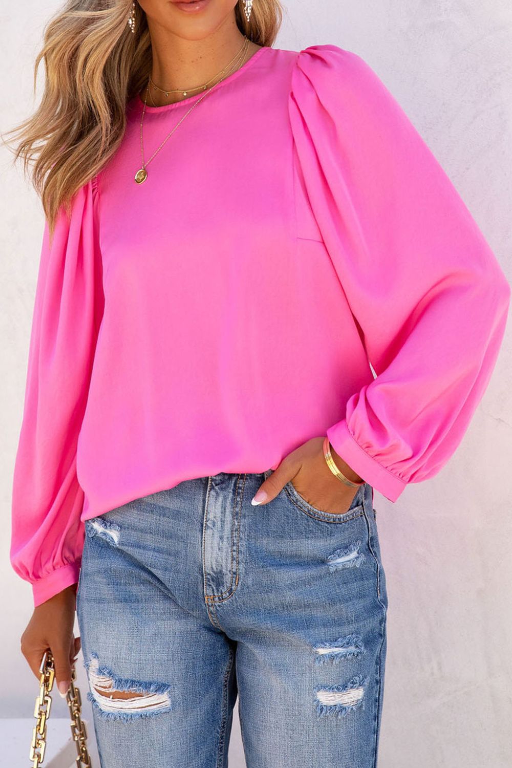 Fuchsia Pink Round Neck Long Sleeve Blouse - MARIGOLD