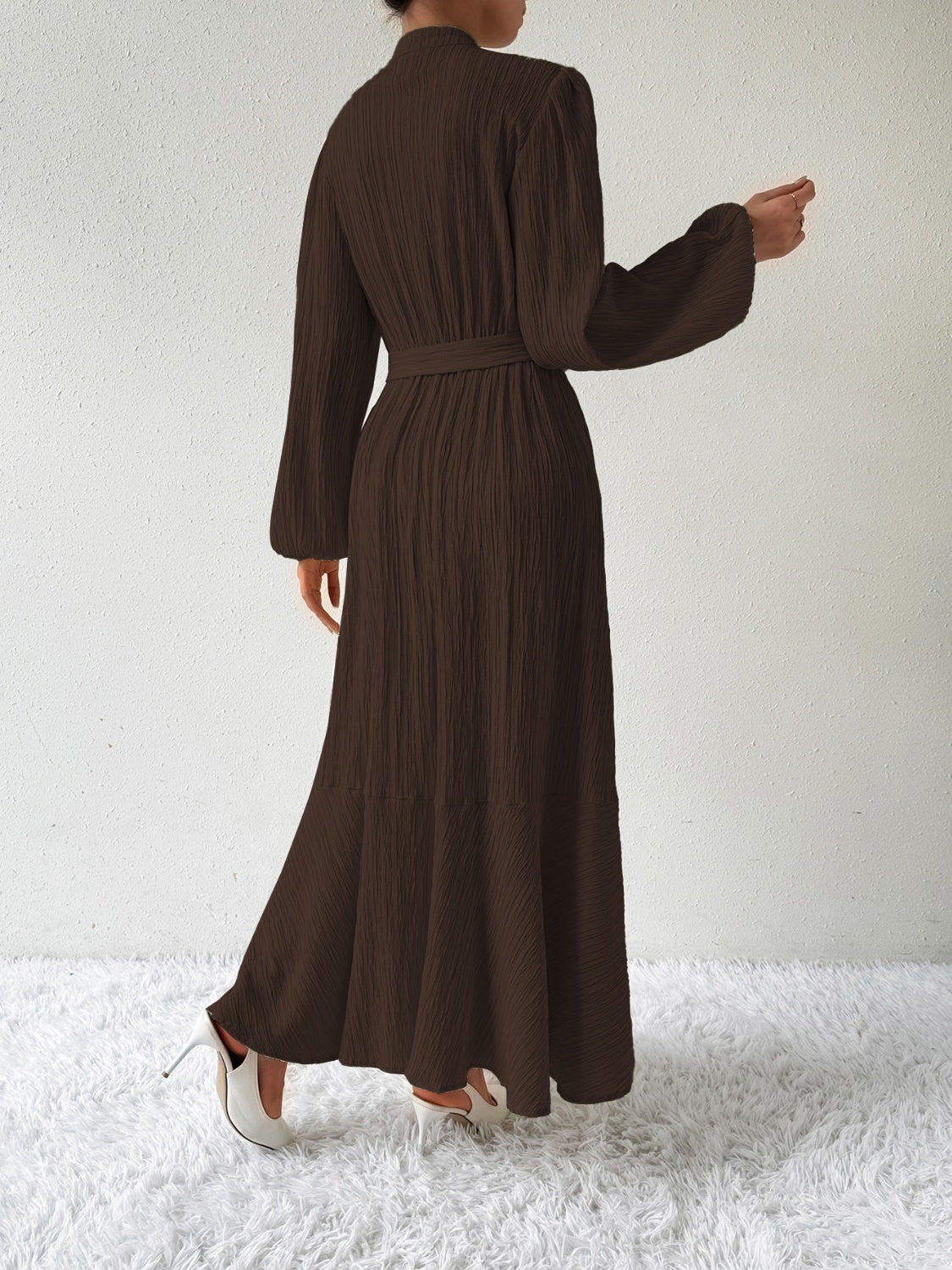 Belted Button Front Long Sleeve Maxi Dress - MARIGOLD