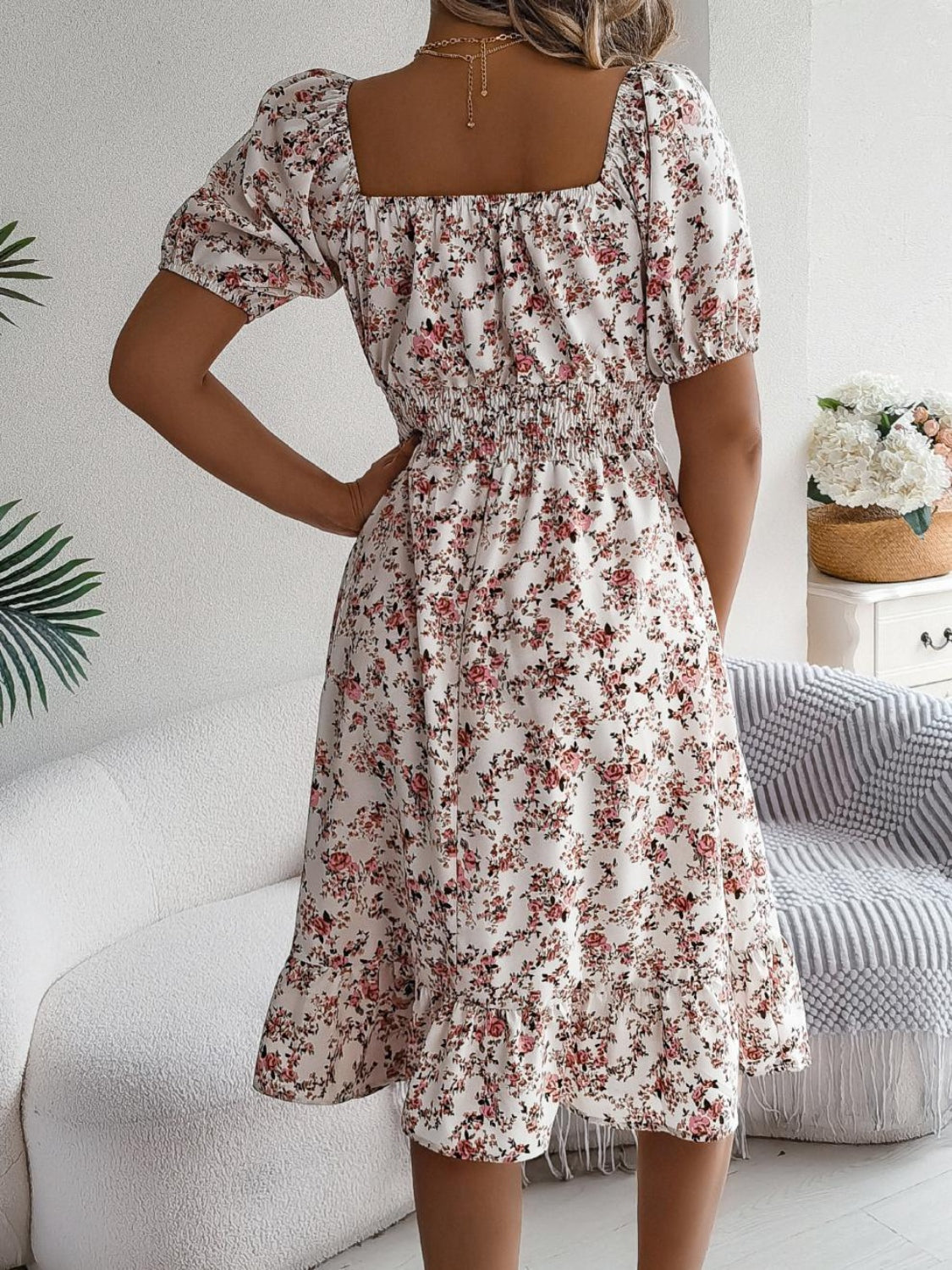 Ruffled Hem Floral Puff Sleeve Dress - MARIGOLD