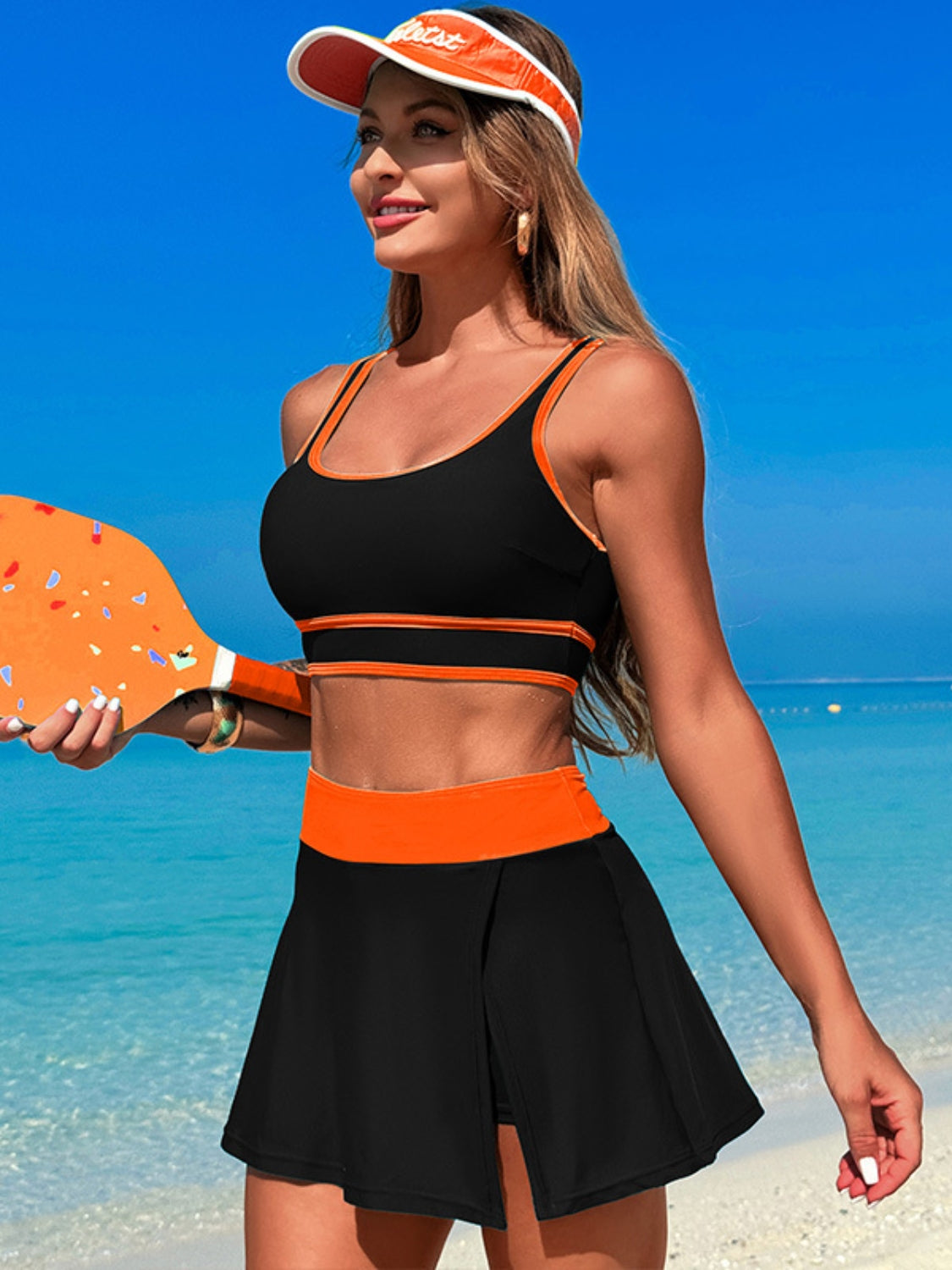 Scoop Neck Top and Skort Swim Set - MARIGOLD