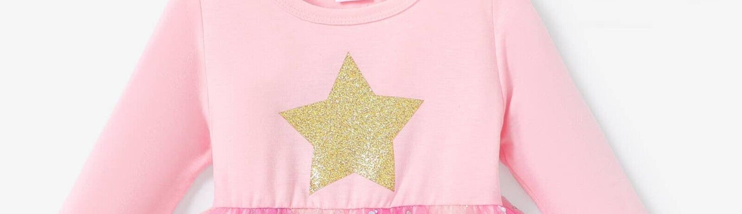 Girls Dress- Glitter Gold Star Pink Tulle Girls Dress - MARIGOLD
