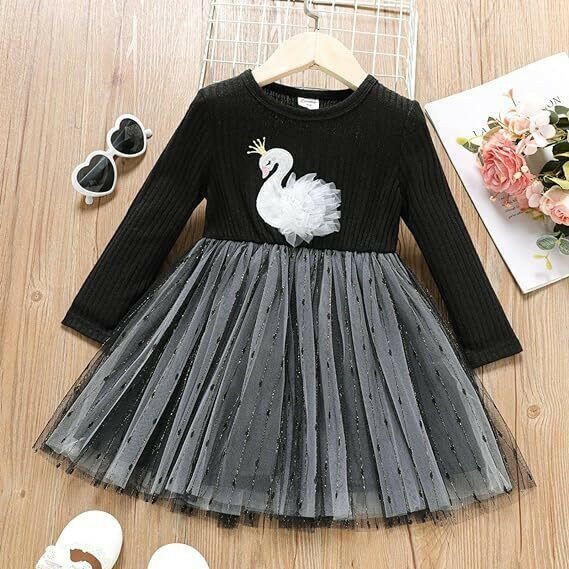 New Girls White Swan Princess Black Tulle Dress - MARIGOLD