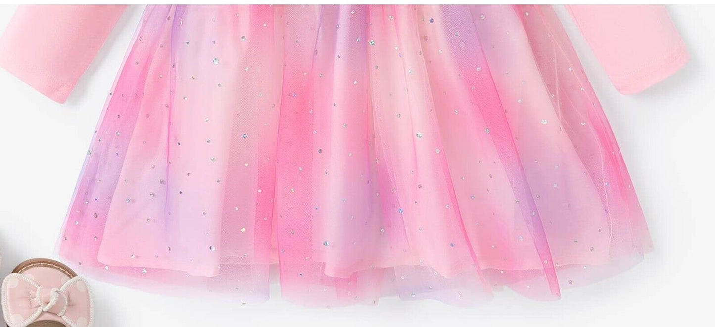 Girls Dress- Glitter Gold Star Pink Tulle Girls Dress - MARIGOLD