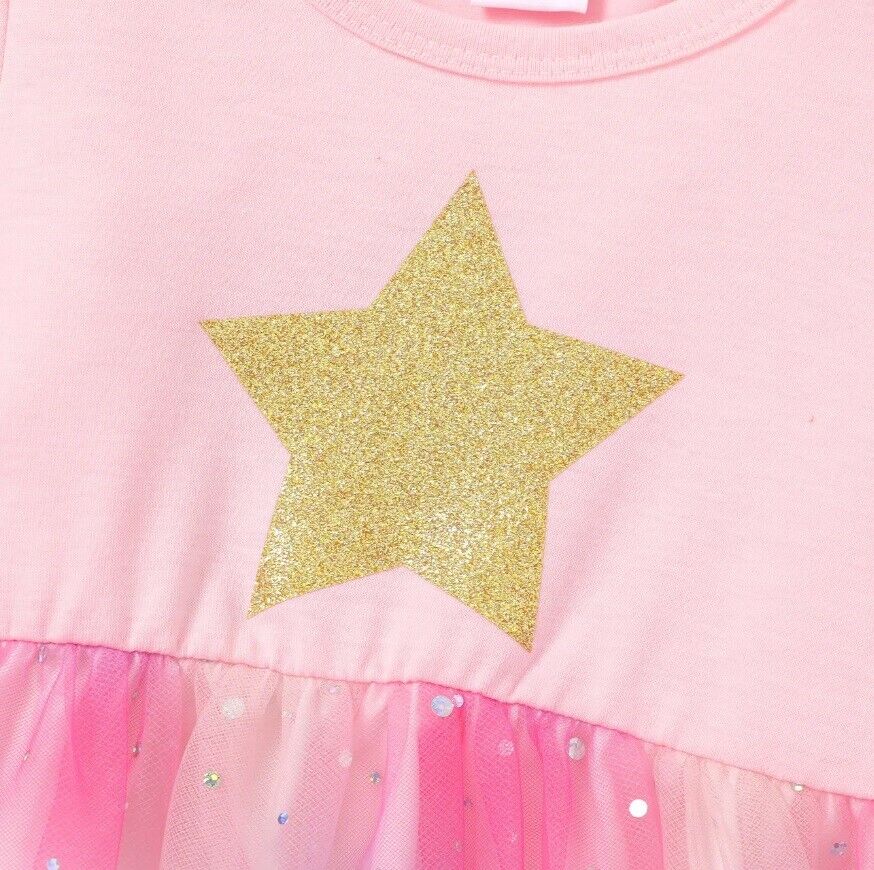 Girls Dress- Glitter Gold Star Pink Tulle Girls Dress - MARIGOLD