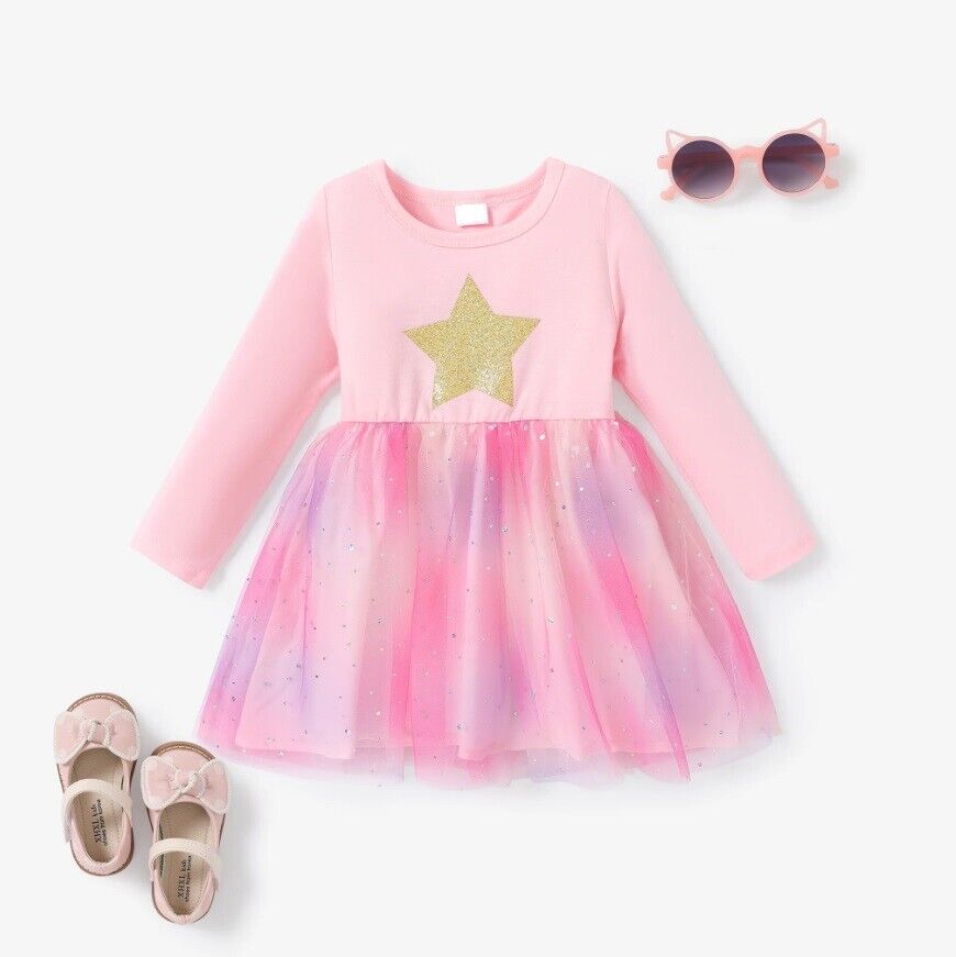 Girls Dress- Glitter Gold Star Pink Tulle Girls Dress - MARIGOLD