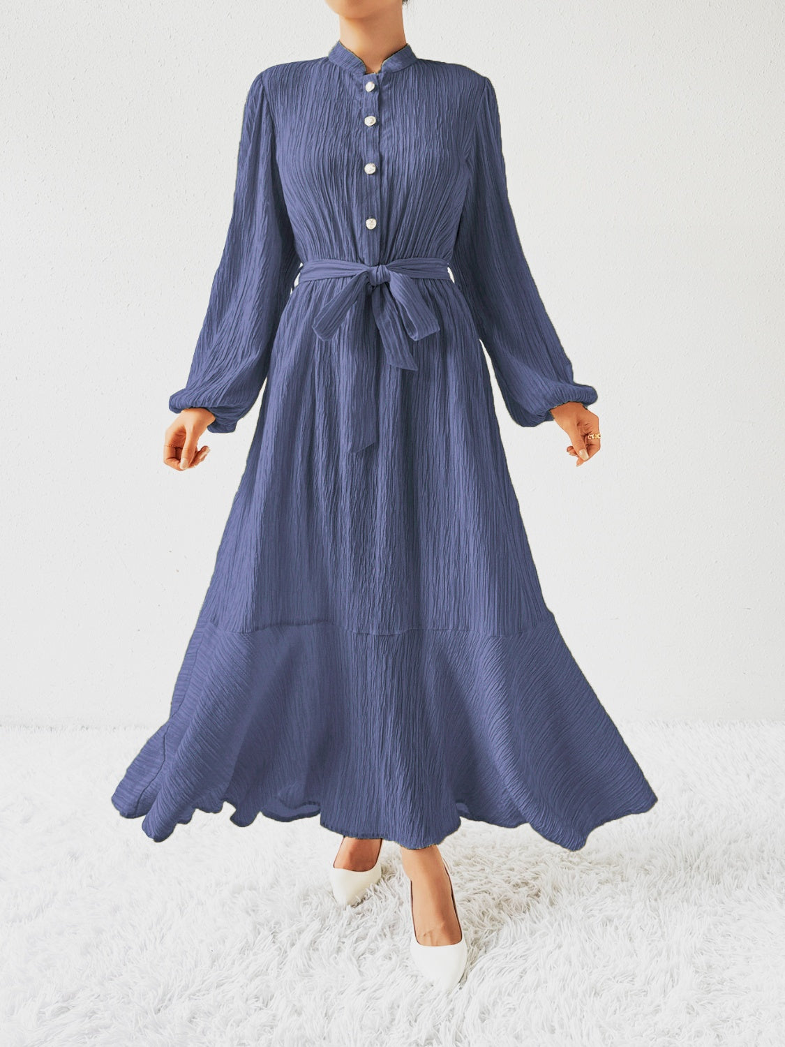 Belted Button Front Long Sleeve Maxi Dress - MARIGOLD
