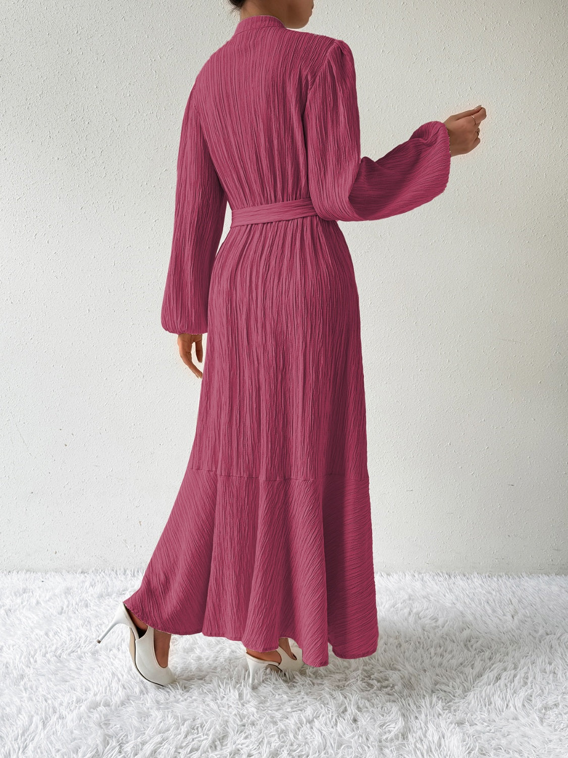 Belted Button Front Long Sleeve Maxi Dress - MARIGOLD
