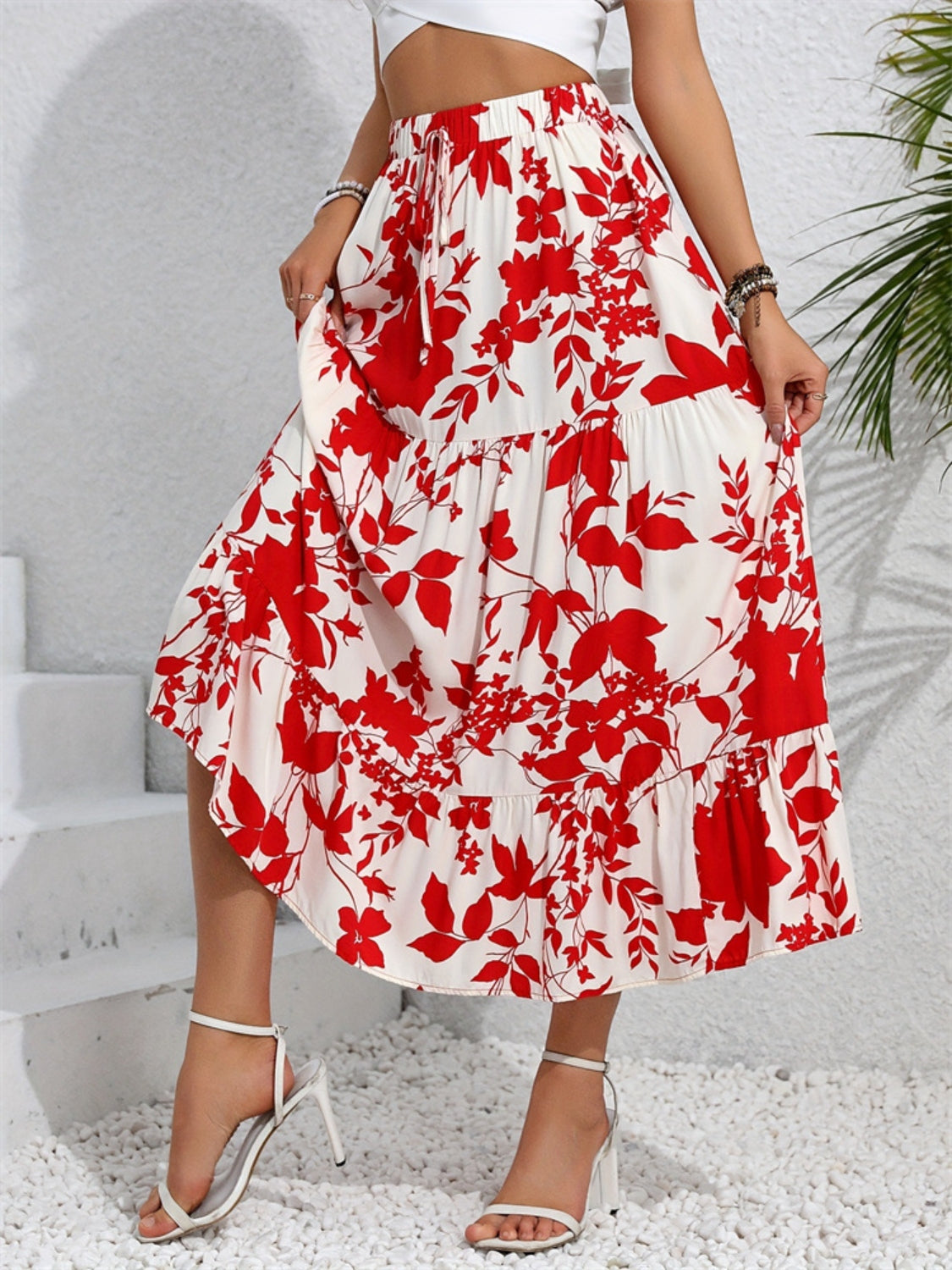 Vibrant Red Floral Print Tiered Midi Skirt - MARIGOLD