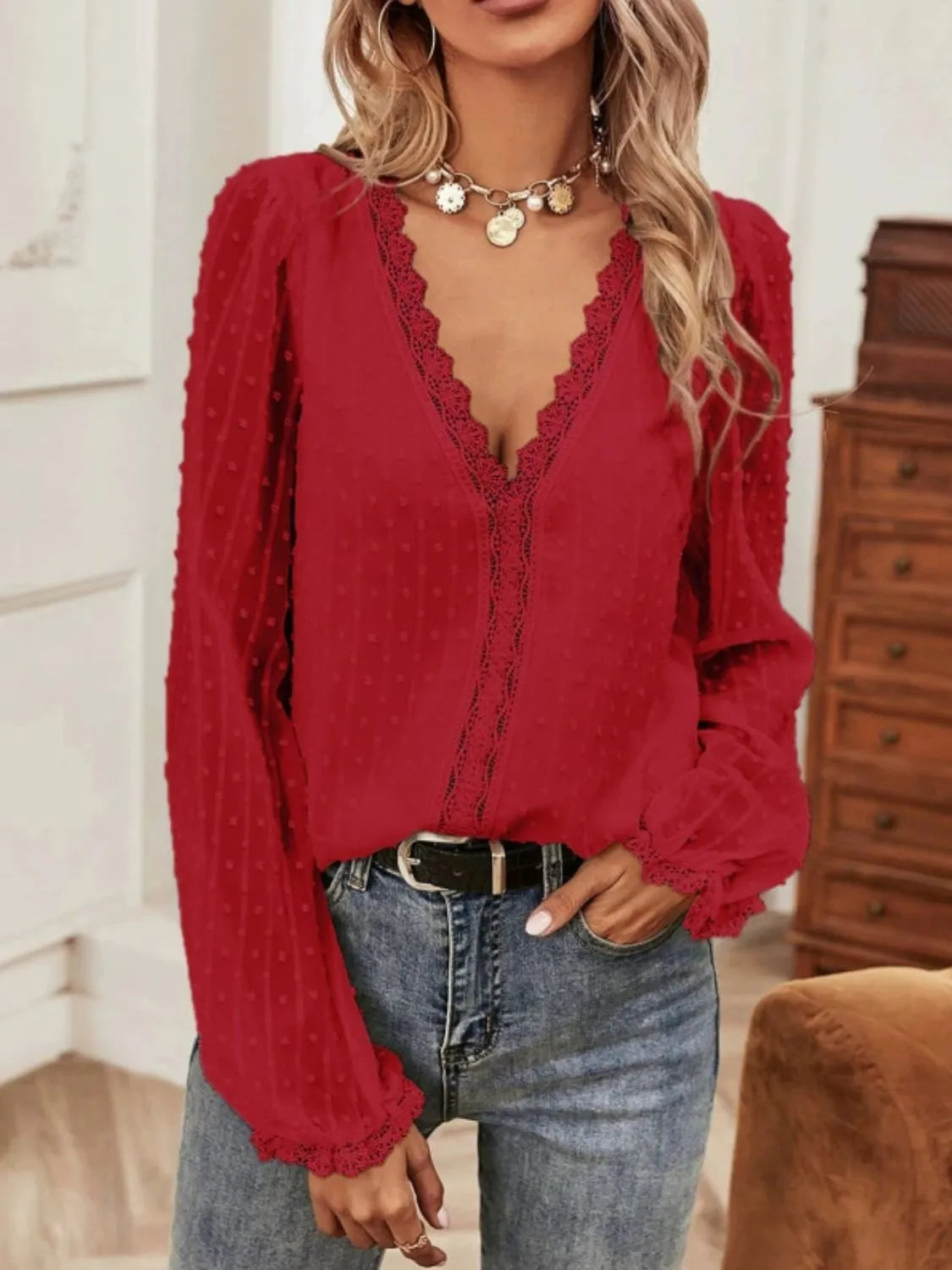 Swiss Dot Lace Detail V-Neck Long Sleeve Blouse - MARIGOLD
