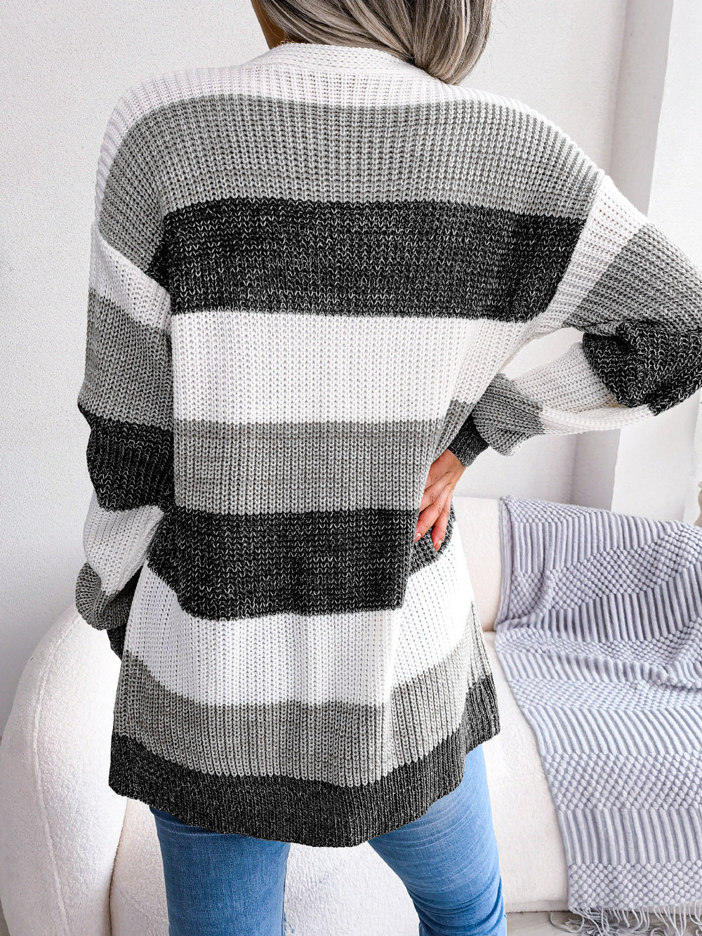 Striped Rib-Knit Open Front Longline Cardigan - MARIGOLD