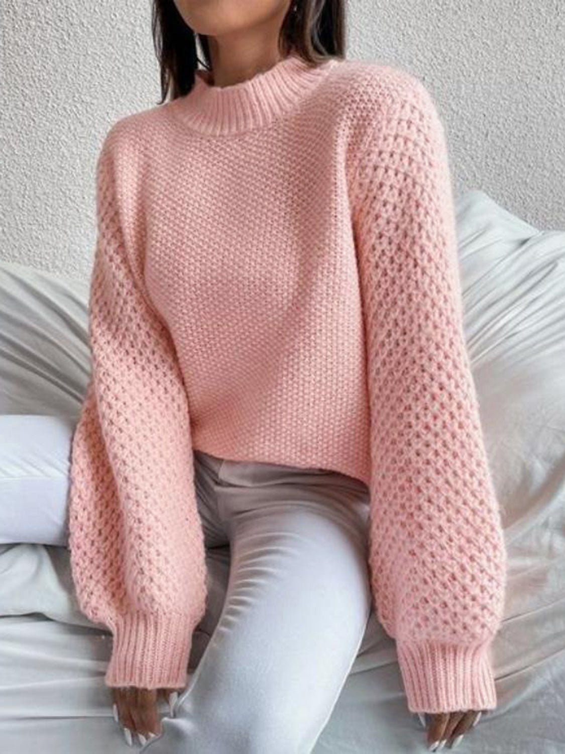Open-Knit Mock Neck Long Sleeve Sweater - MARIGOLD