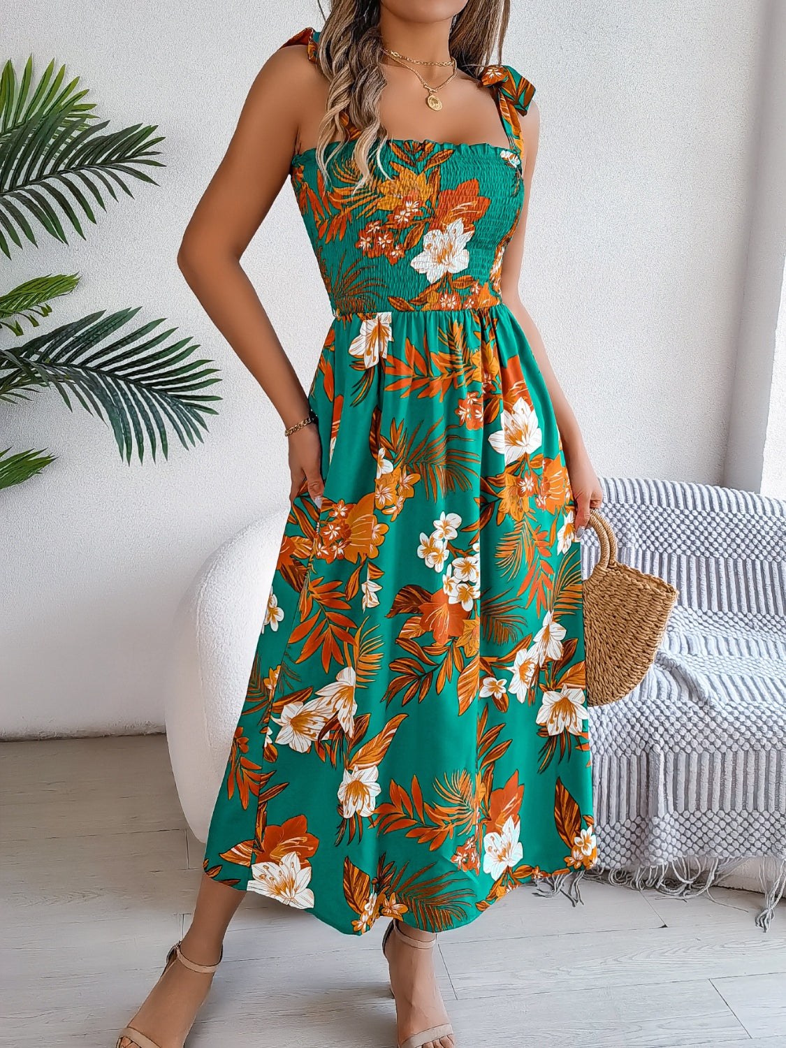Floral Tie-Shoulder Midi Dress with Smocked Bodice - MARIGOLD