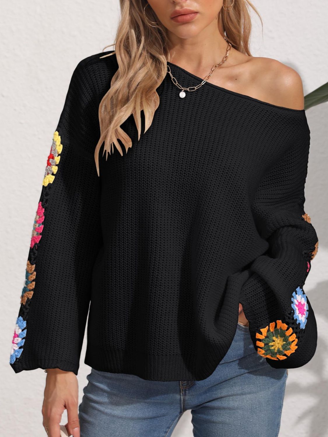 Flower Crochet Knit Long Sleeve Sweater - MARIGOLD