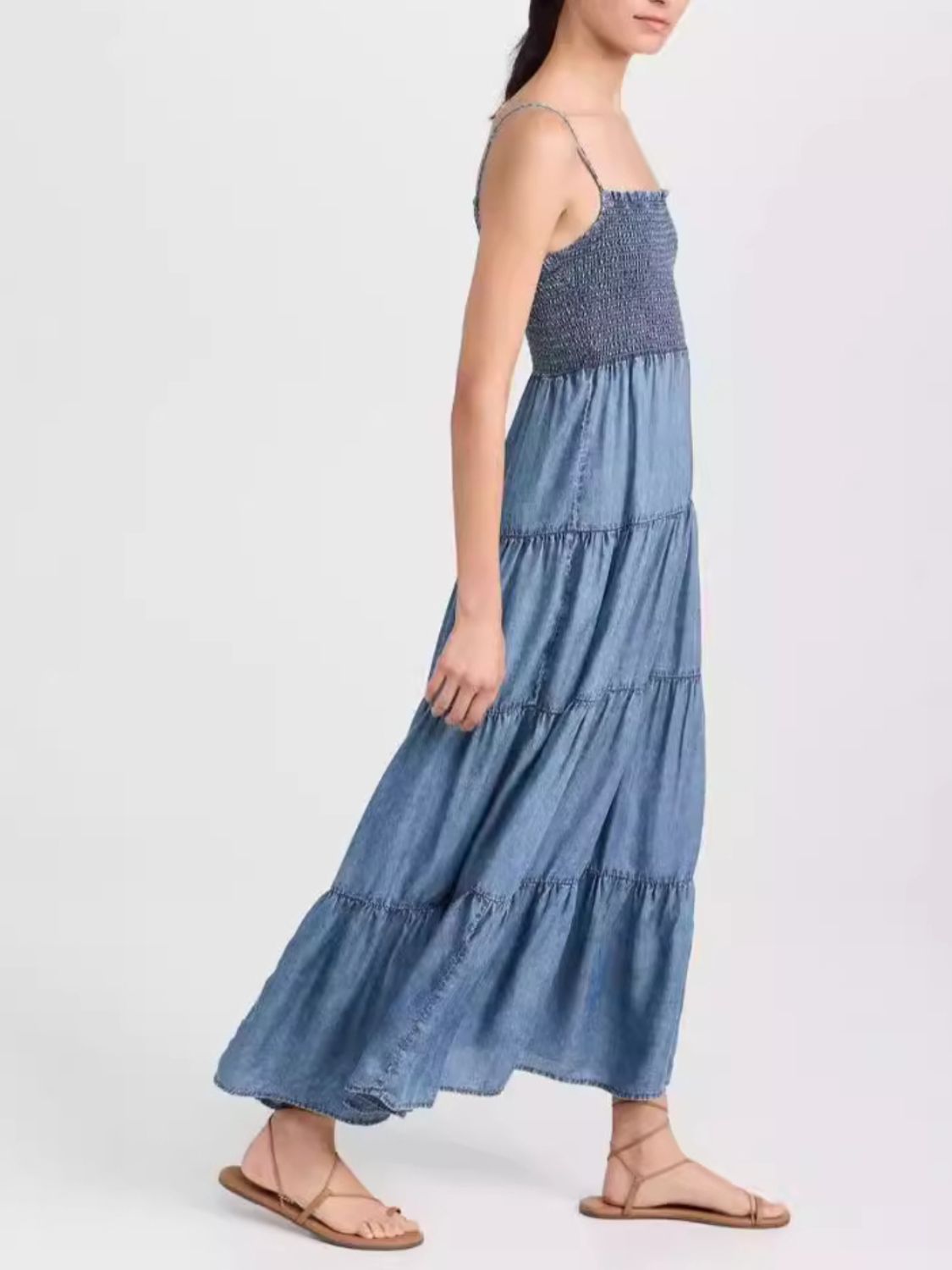 Smocked Square Neck Tiered Denim Cami Dress - MARIGOLD