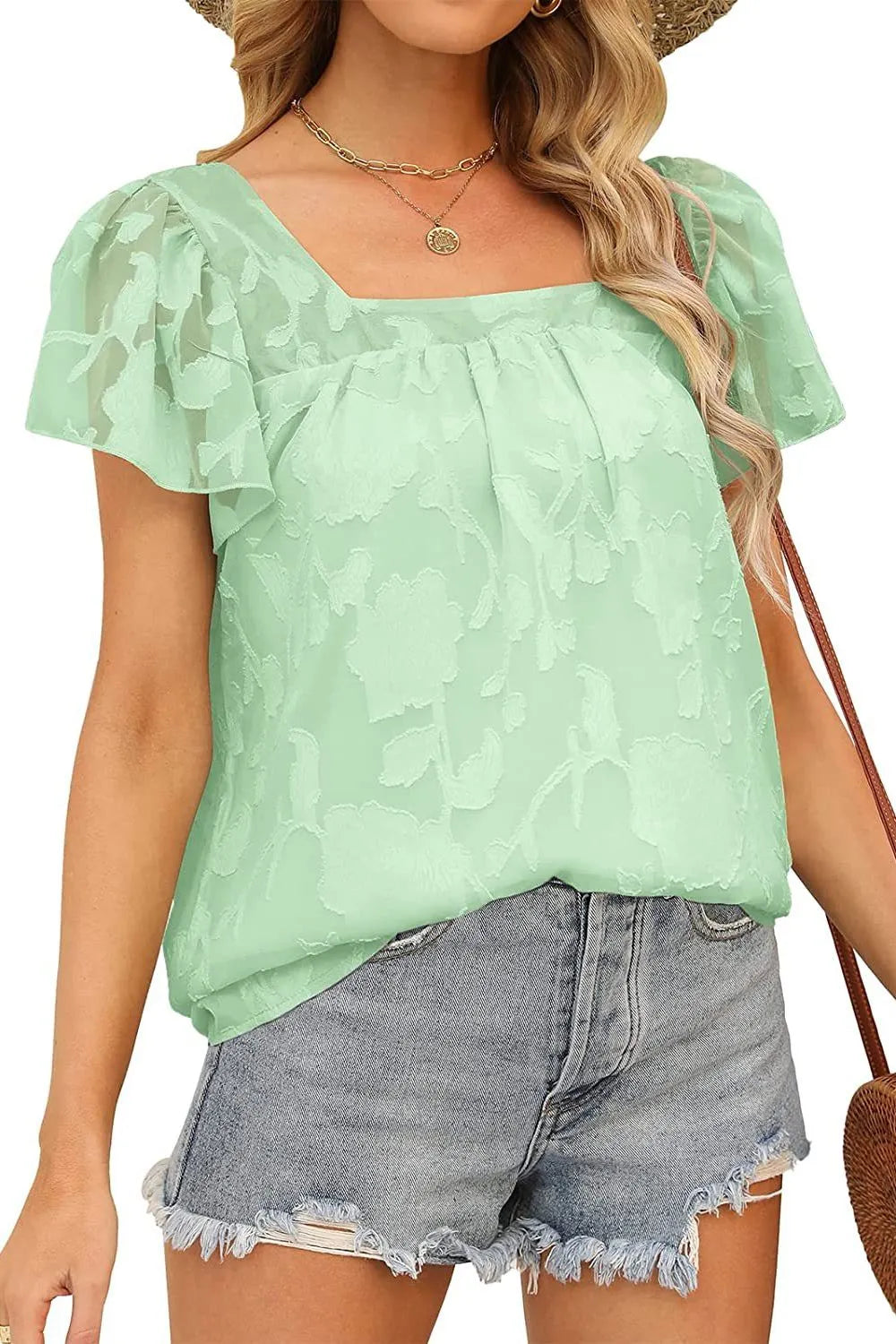 Flutter Sleeve Square Neck Blouse - MARIGOLD