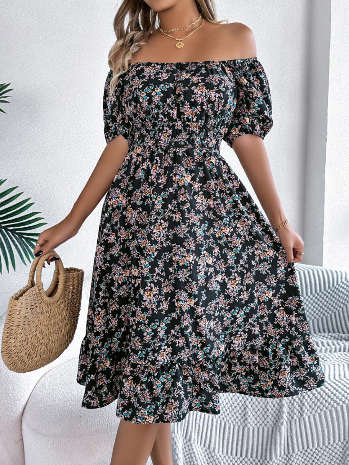 Ruffled Hem Floral Puff Sleeve Dress - MARIGOLD