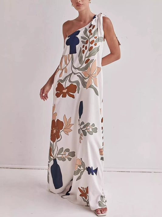 Elegant floral print one-shoulder maxi dress by Marigold Collections Australia, designed for tall women, showcased on a model.