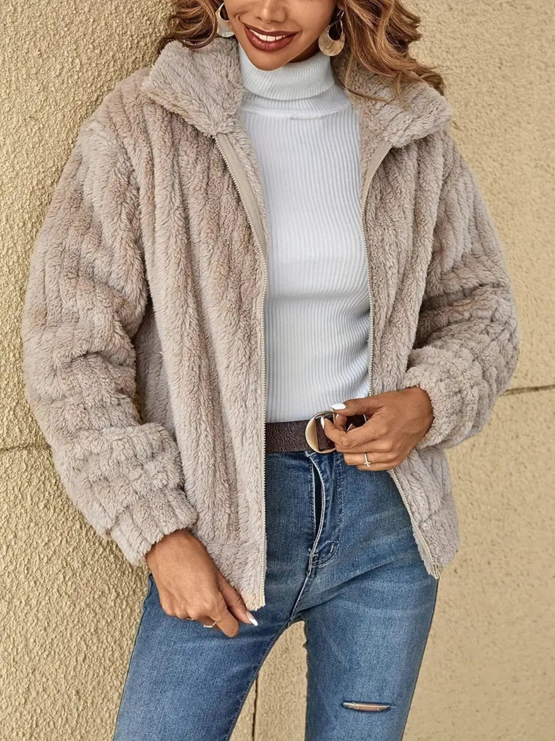 Plush Zip Up Long Sleeve Jacket - MARIGOLD