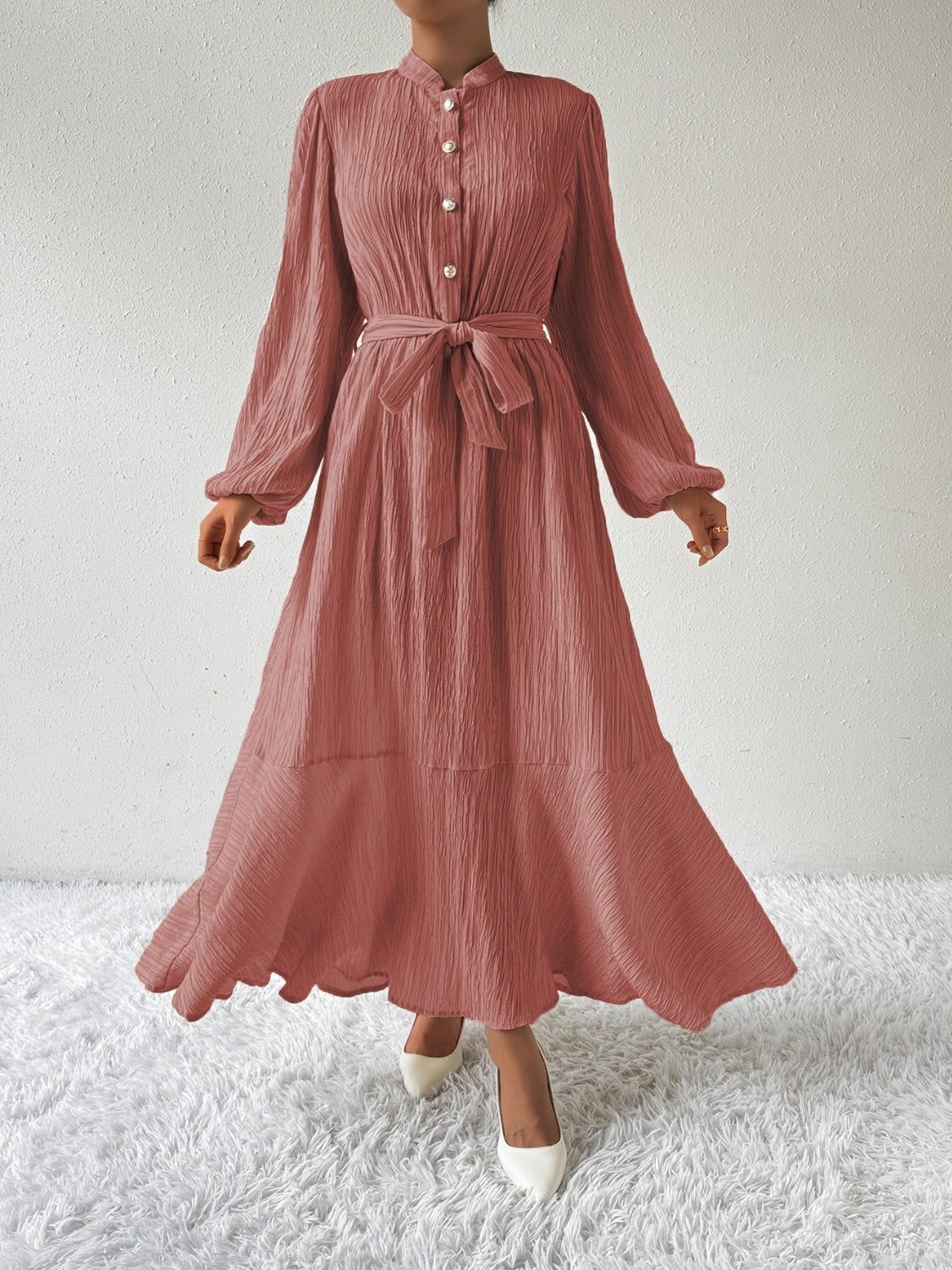 Belted Button Front Long Sleeve Maxi Dress - MARIGOLD