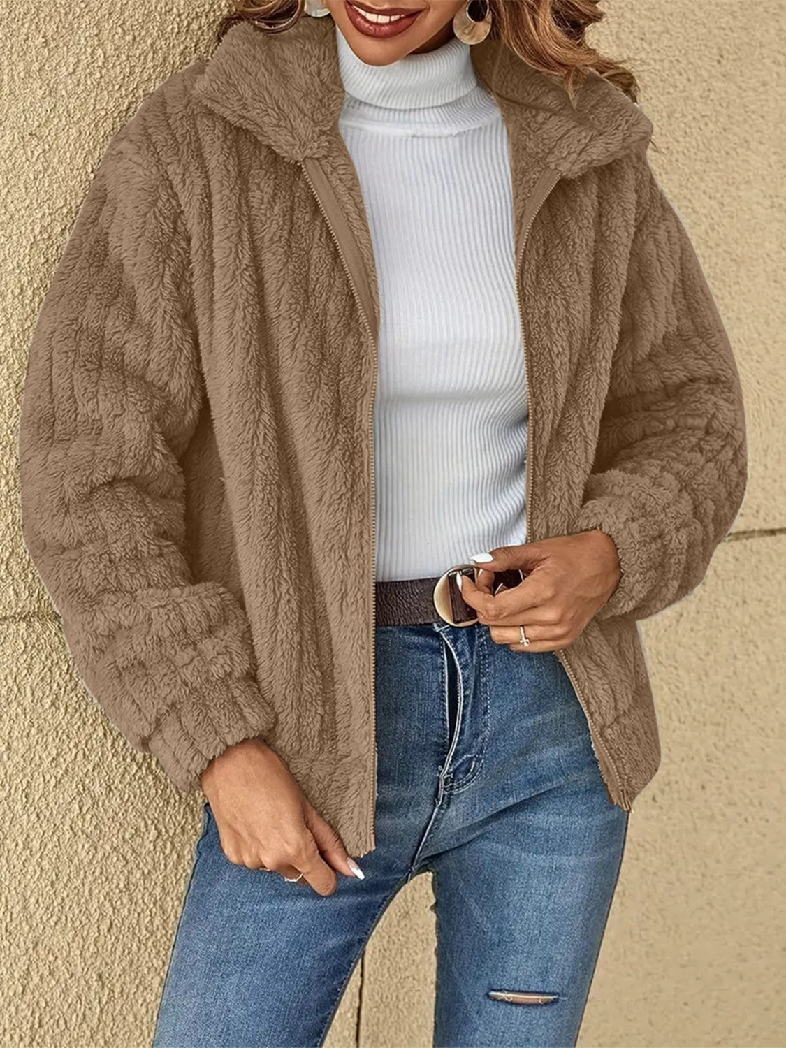 Plush Zip Up Long Sleeve Jacket - MARIGOLD