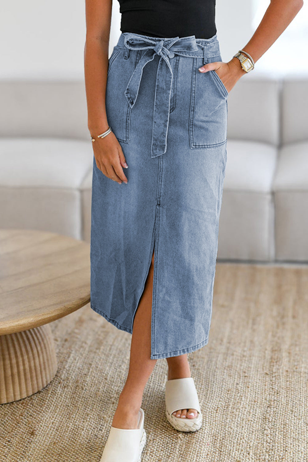 Denim Tie-Waist Midi Skirt - MARIGOLD