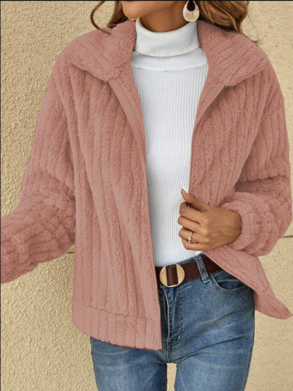 Plush Zip Up Long Sleeve Jacket - MARIGOLD