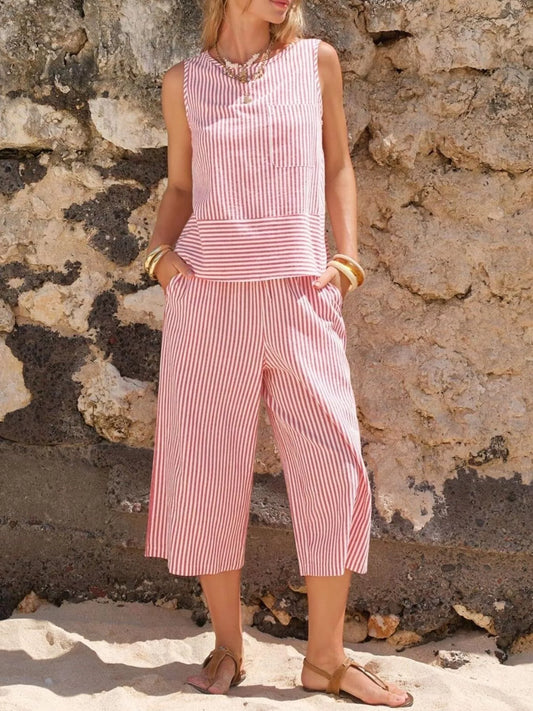 Marigold Collections Australia striped sleeveless top and cropped pants set outfit