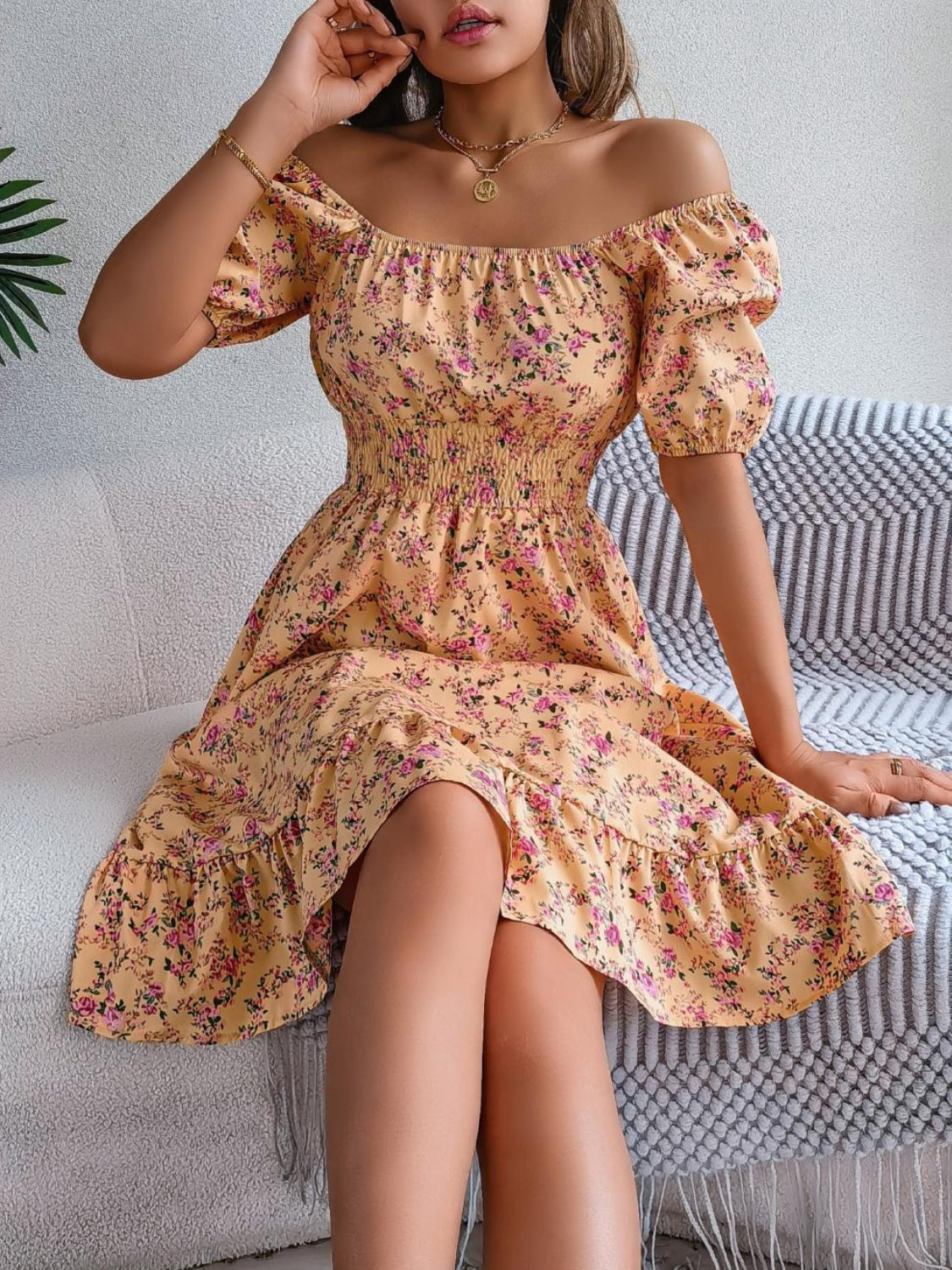 Ruffled Hem Floral Puff Sleeve Dress - MARIGOLD